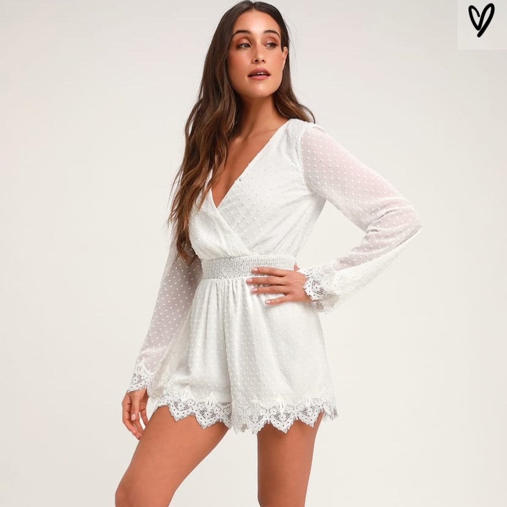 Meadowlake White Dot Lace Bell Sleeve Romper.
